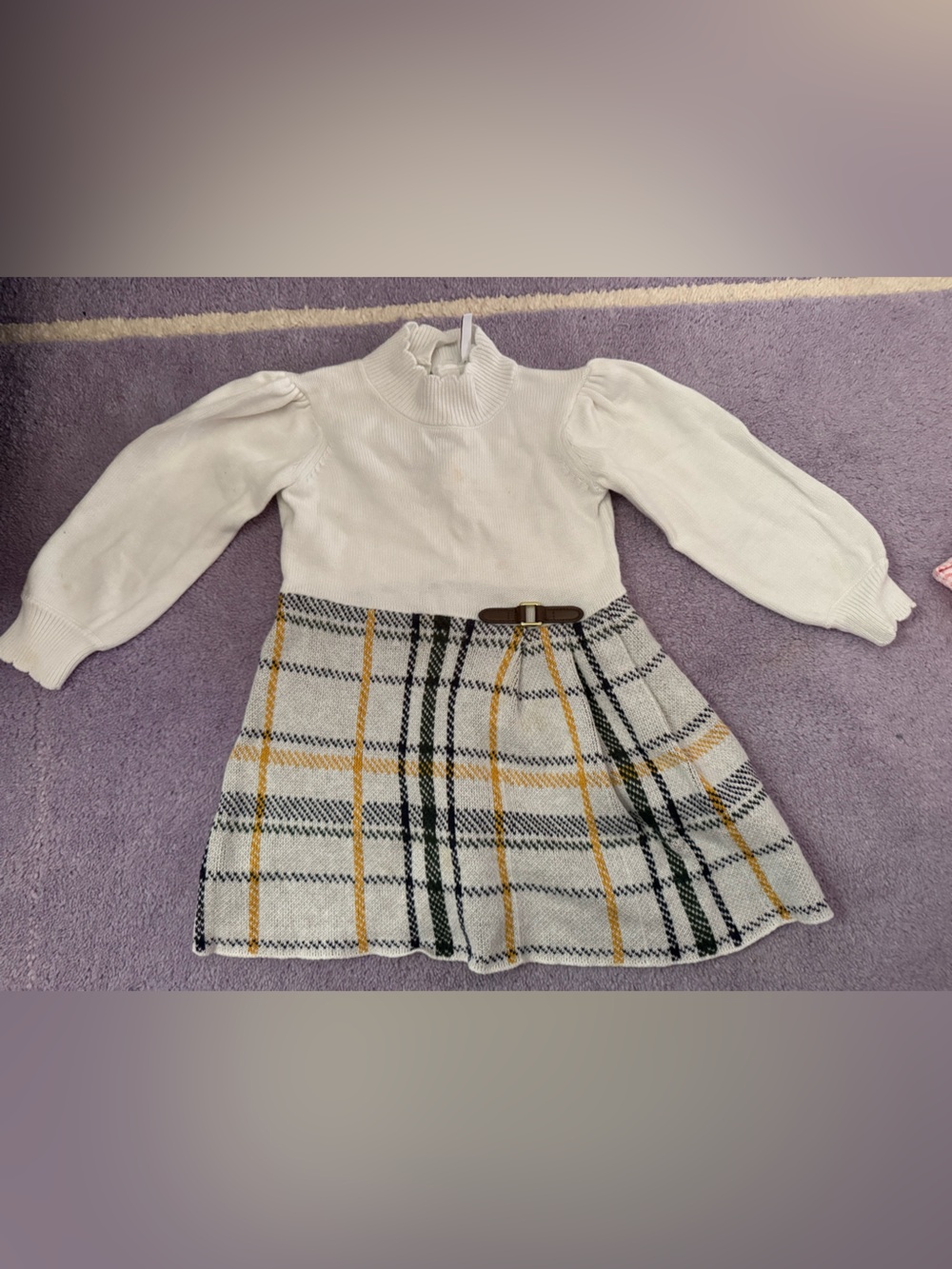 Janie and Jack Cream Knit baby dress w Plaid Skirt and Buckle size 18-24 months